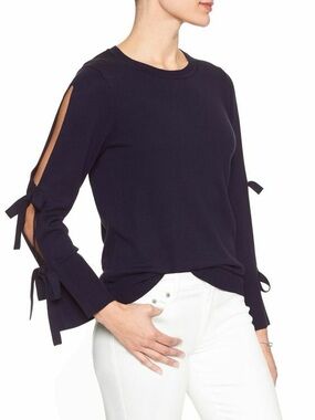 Banana Republic Navy Crewneck Sweater with Tie-Sleeve Details